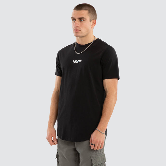 Model wears Combat Dual Curved Tee Jet Black T-Shirts in Black - Image 3