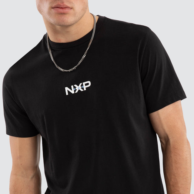 Model wears Combat Dual Curved Tee Jet Black T-Shirts in Black - Image 5