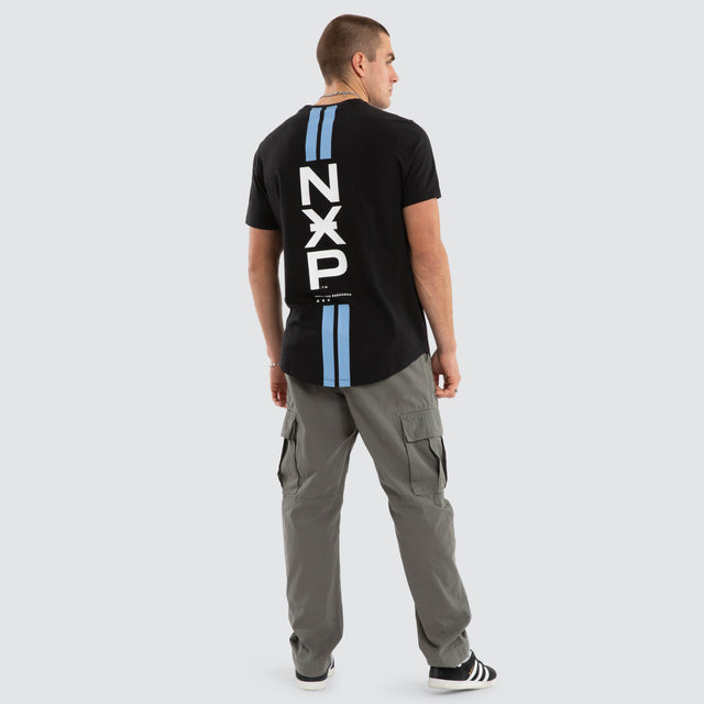 Model wears Combat Dual Curved Tee Jet Black T-Shirts in Black - Image 4