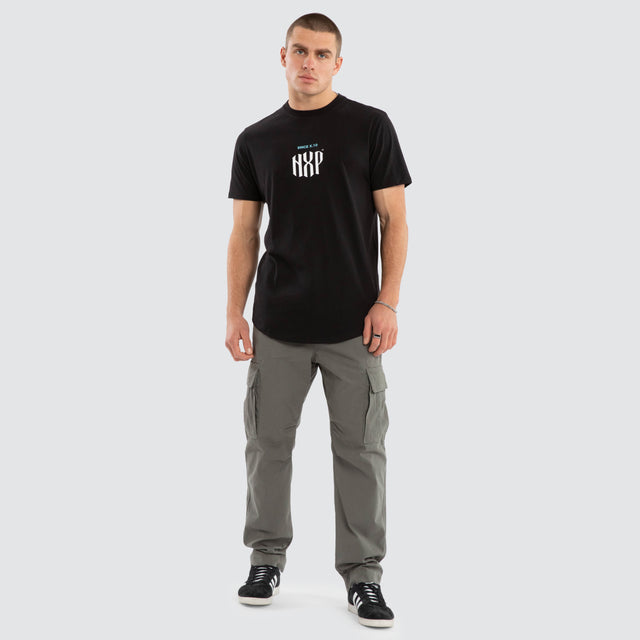 Model wears Stronger Dual Curved Tee Jet Black T-Shirts in Black - Image 3