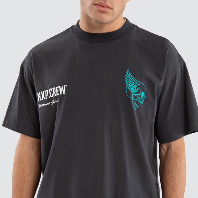 Model wears Dawn Raptor Tee Ebony T-Shirts in Grey - Image 4