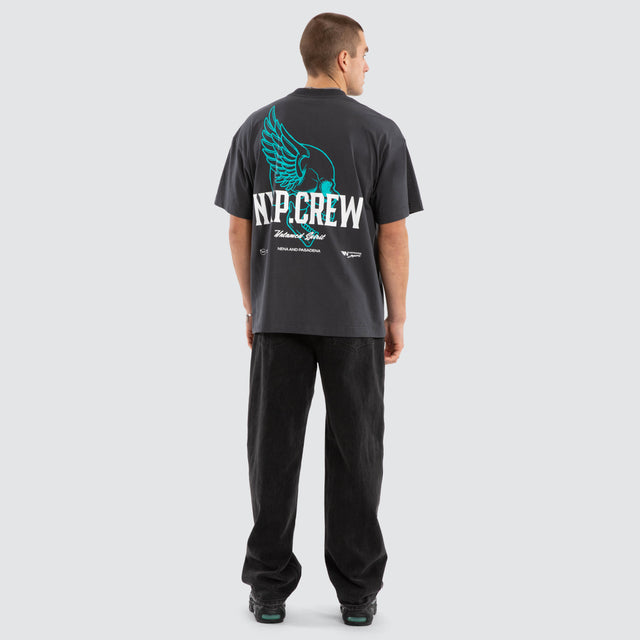 Model wears Dawn Raptor Tee Ebony T-Shirts in Grey - Image 5