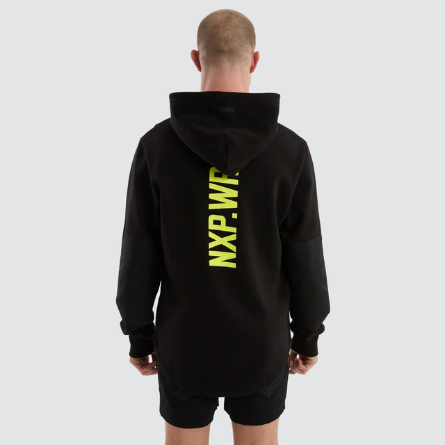 Model wears Blueprint Dual Curved Hoodie Black/Yellow Hoodies in Black - Image 1