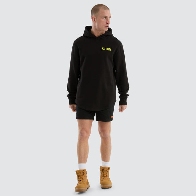 Model wears Blueprint Dual Curved Hoodie Black/Yellow Hoodies in Black - Image 2