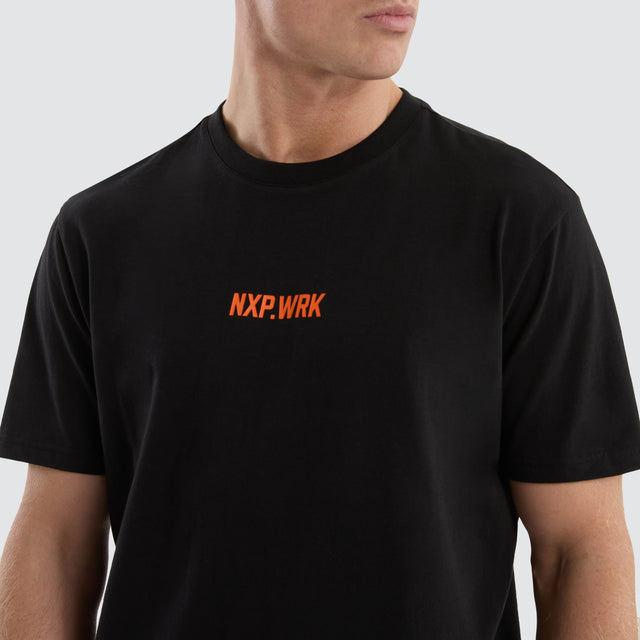 Model wears Frontman Dual Curved Tee Black/Orange T-Shirts in Black - Image 5