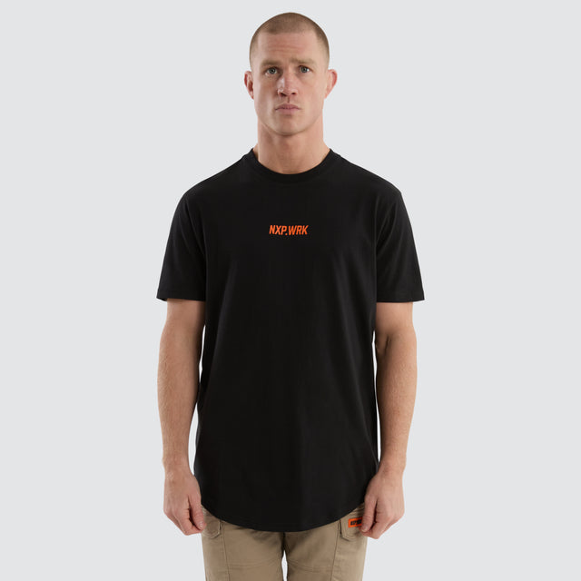Model wears Frontman Dual Curved Tee Black/Orange T-Shirts in Black - Image 3