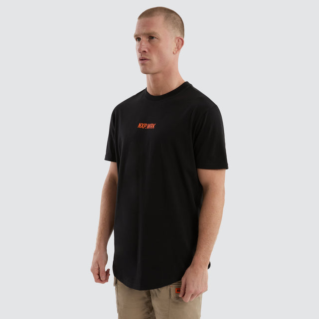 Model wears Frontman Dual Curved Tee Black/Orange T-Shirts in Black - Image 4