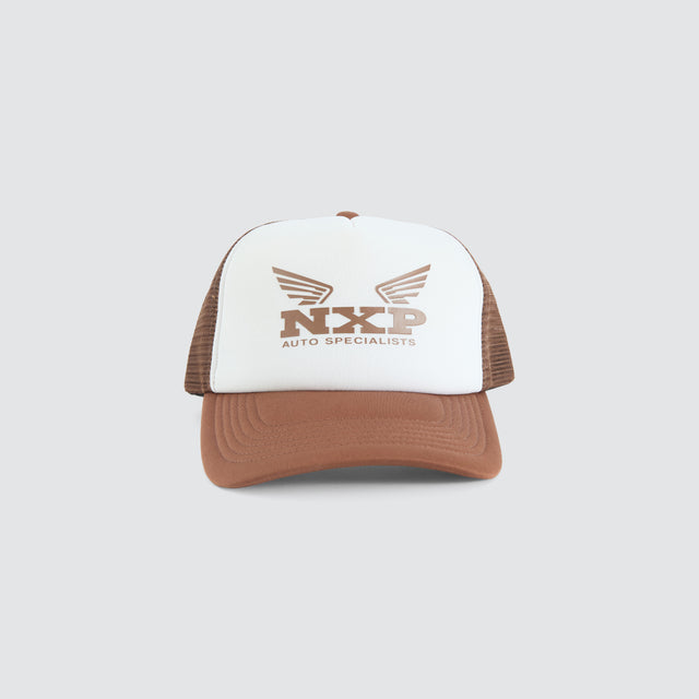 Model Wears Centaur Trucker Cap Brown Caps in Brown - Image 1