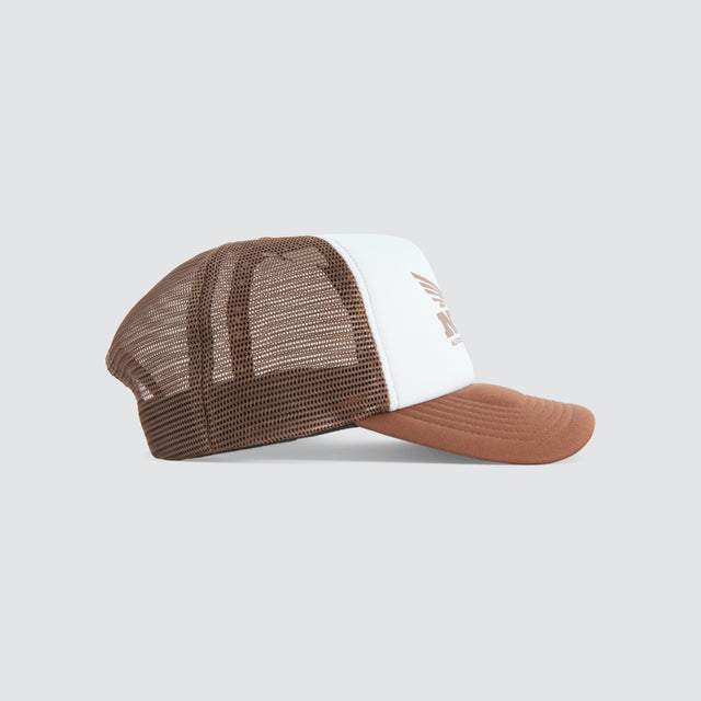 Model Wears Centaur Trucker Cap Brown Caps in Brown - Image 2