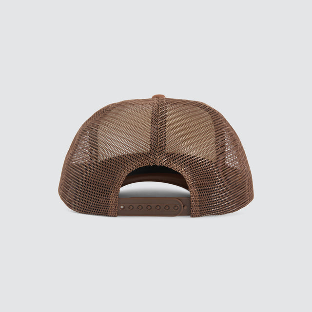 Model Wears Centaur Trucker Cap Brown Caps in Brown - Image 3