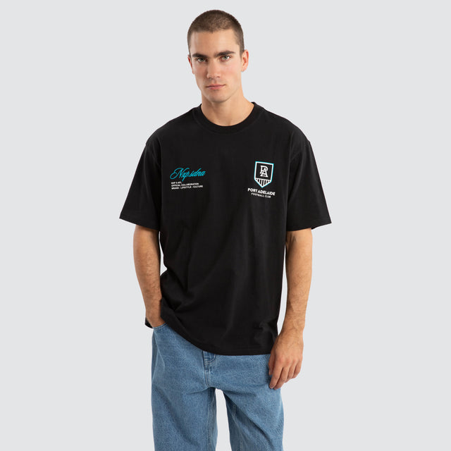 Model Wears Port Adelaide Power AFL Season Tee Jet Black T-Shirts in Black - Image 2