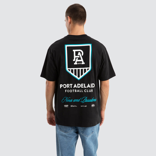 Model Wears Port Adelaide Power AFL Season Tee Jet Black T-Shirts in Black - Image 1