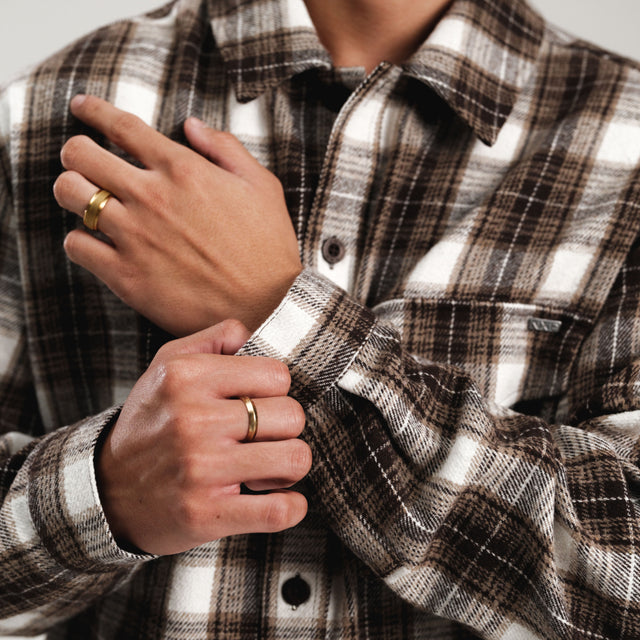 Model Wears Prime Overshirt Tan Check Long Sleeve Shirts in Brown - Image 2