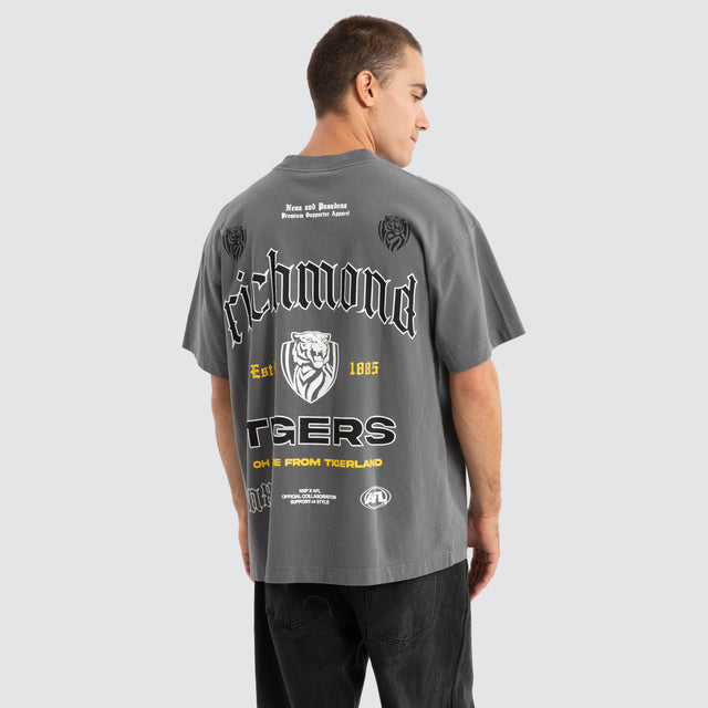 Model Wears Richmond Tigers AFL Stack Tee Pigment Charcoal T-Shirts in Grey - Image 1