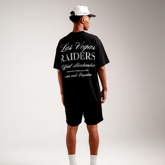 Model Wears Las Vegas Raiders NFL Raptor Tee Jet Black T-Shirts in Black - Image 2