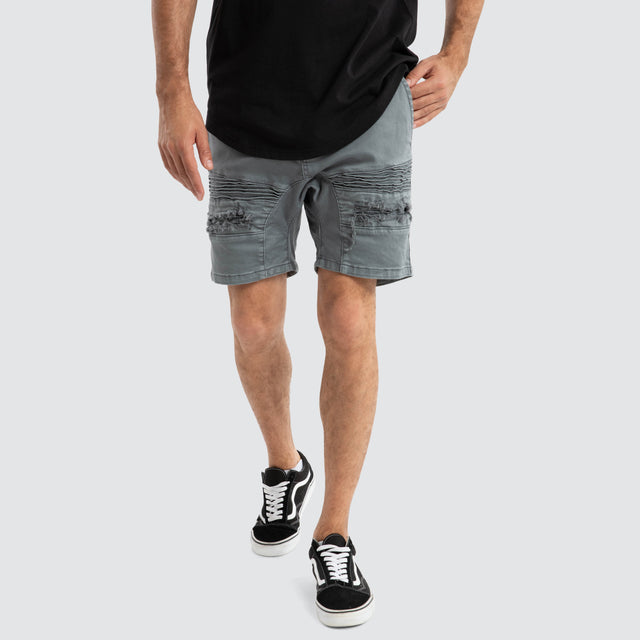 Model Wears Viper Denim Short Iron Gate Shorts in Grey - Image 1