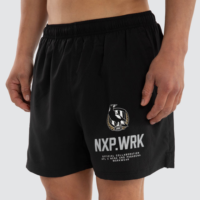 Model wears Collingwood Magpies Contract Short Jet Black Shorts in Black - Image 3