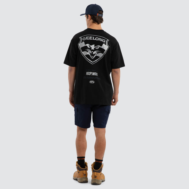 Model wears Geelong Cats Union Tee Jet Black T-Shirts in Black - Image 5
