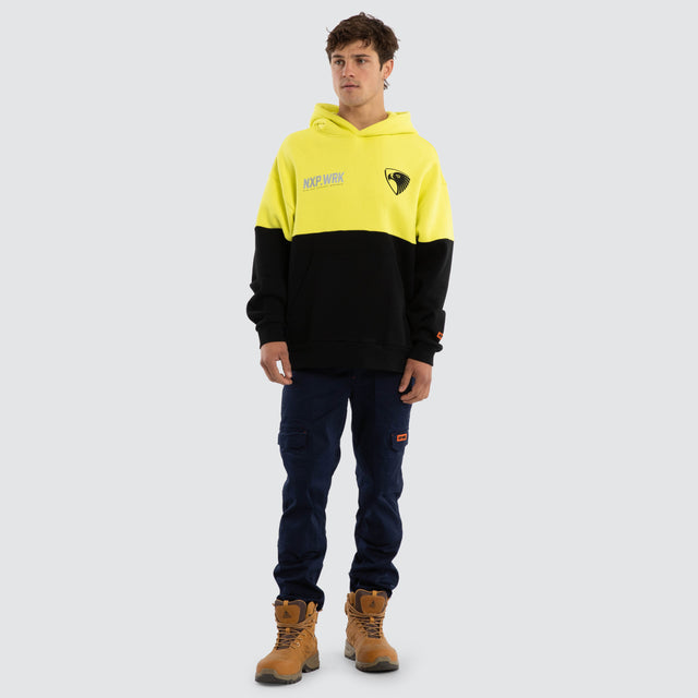 Model wears Hawthorn Hawks Block Hoodie Yellow Black Hoodies in Yellow - Image 3