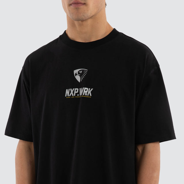 Model wears Hawthorn Hawks Union Tee Jet Black T-Shirts in Black - Image 4