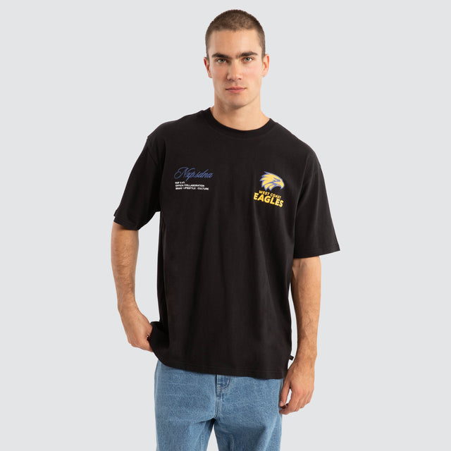Model Wears West Coast Eagles AFL Season Tee Jet Black T-Shirts in Black - Image 2