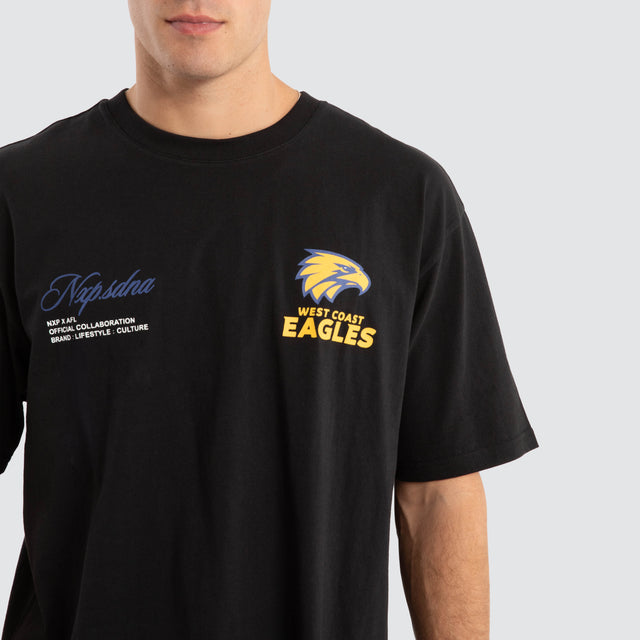 Model Wears West Coast Eagles AFL Season Tee Jet Black T-Shirts in Black - Image 4