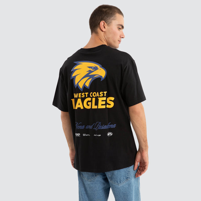 Model Wears West Coast Eagles AFL Season Tee Jet Black T-Shirts in Black - Image 1