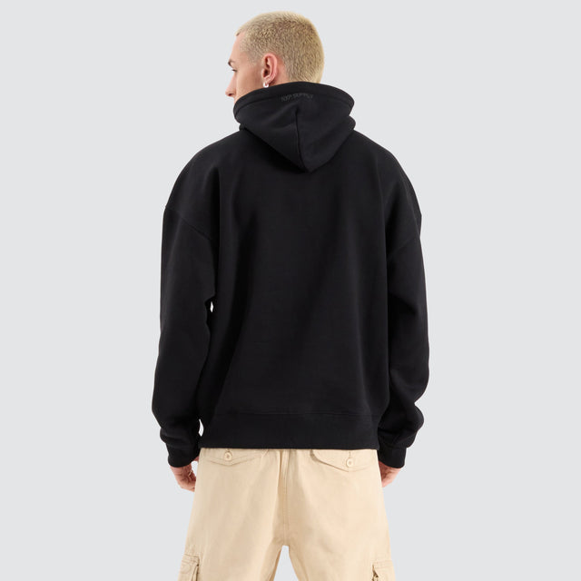 Model Wears Airdrie Box Fit Hoodie Jet Black Hoodies in Black - Image 2