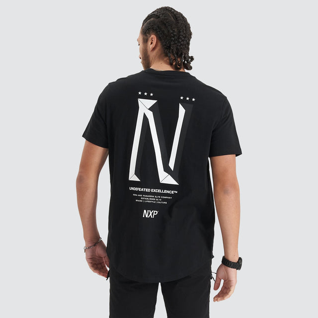 Model Wears Alliance Dual Curved Tee Jet Black T-Shirts in Black - Image 1