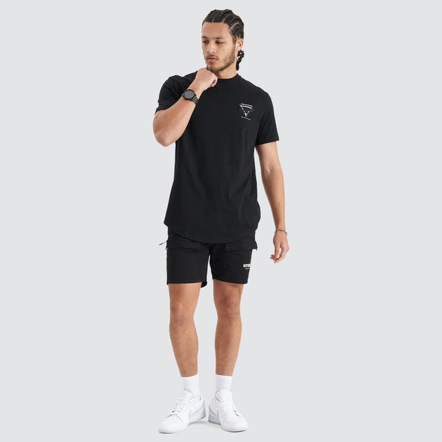 Model Wears Alliance Dual Curved Tee Jet Black T-Shirts in Black - Image 3