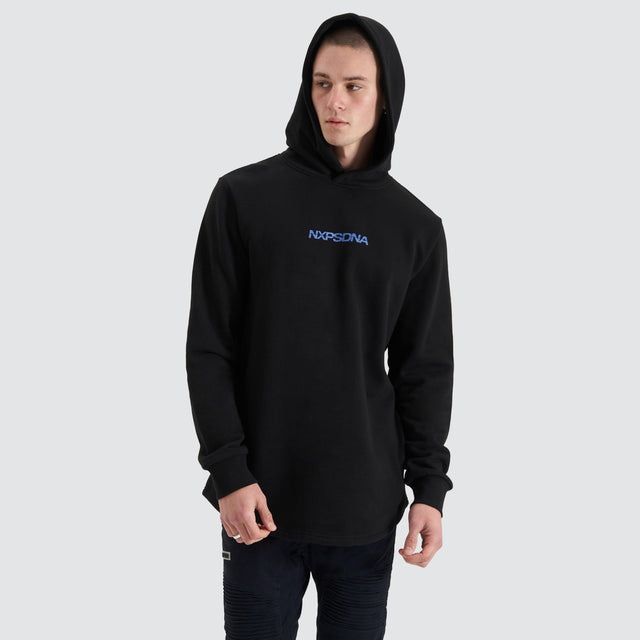 Model Wears Anchorage Dual Curved Hoodie Jet Black Hoodies in Black - Image 2