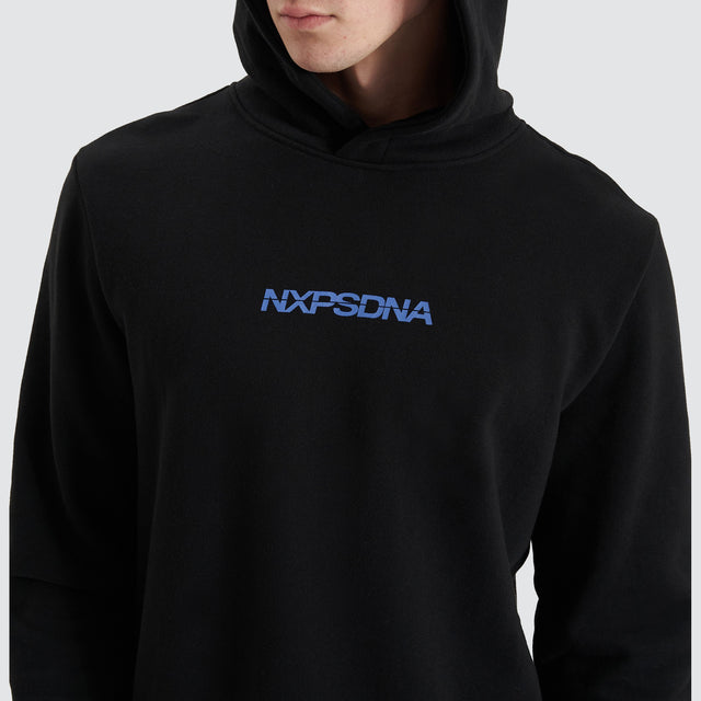 Model Wears Anchorage Dual Curved Hoodie Jet Black Hoodies in Black - Image 5