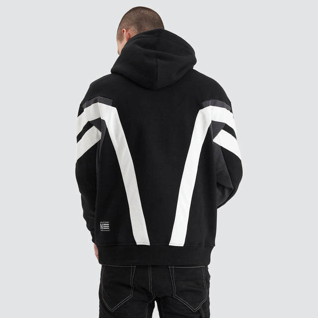 Model Wears Atrium Heavy Box Fit Hoodie Jet Black Jumpers in Black - Image 2