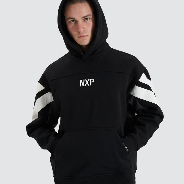 Model Wears Atrium Heavy Box Fit Hoodie Jet Black Jumpers in Black - Image 5
