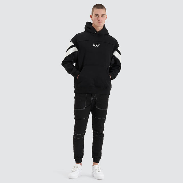 Model Wears Atrium Heavy Box Fit Hoodie Jet Black Jumpers in Black - Image 3