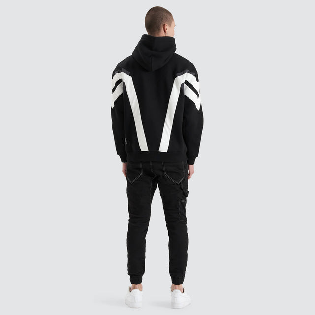 Model Wears Atrium Heavy Box Fit Hoodie Jet Black Jumpers in Black - Image 4