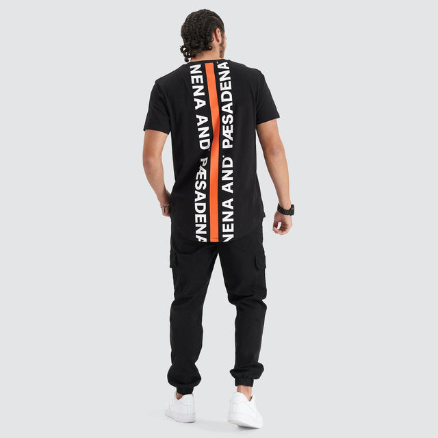 Model Wears Back Rank Dual Curved Tee Jet Black T-Shirts in Black - Image 4