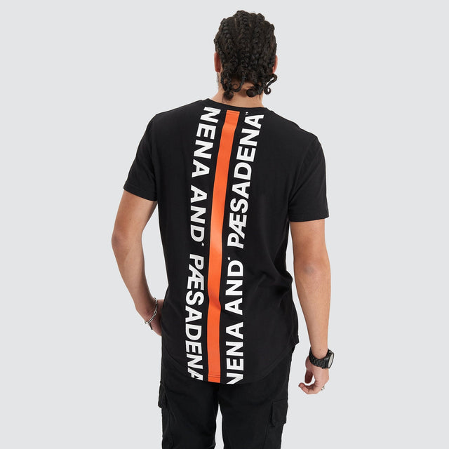 Model Wears Back Rank Dual Curved Tee Jet Black T-Shirts in Black - Image 1