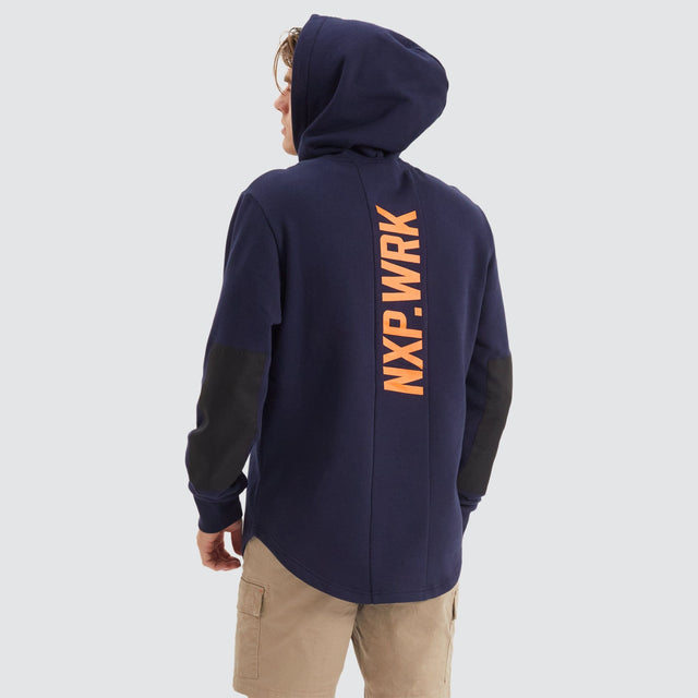 Model Wears Blueprint Dual Curved Hoodie True Navy Hoodies in Blue - Image 2
