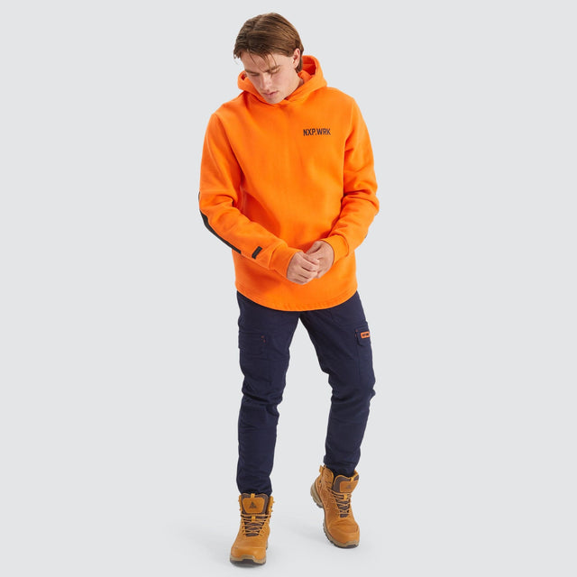 Model Wears Blueprint Dual Curved Hoodie Work Orange Hoodies in Orange - Image 3