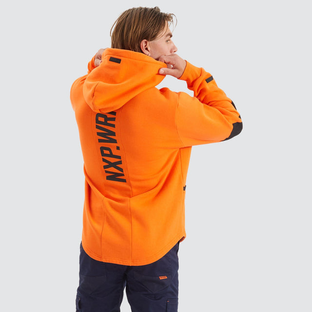 Model Wears Blueprint Dual Curved Hoodie Work Orange Hoodies in Orange - Image 2