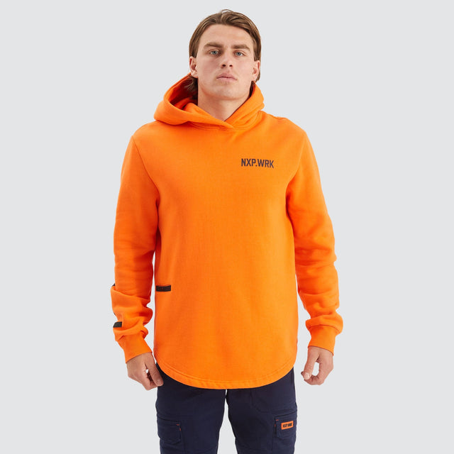 Model Wears Blueprint Dual Curved Hoodie Work Orange Hoodies in Orange - Image 5