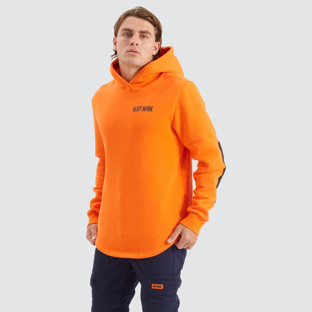 Model Wears Blueprint Dual Curved Hoodie Work Orange Hoodies in Orange - Image 1