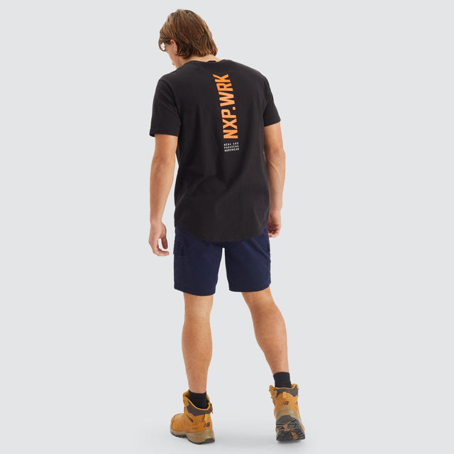 Model Wears Blueprint Dual Curved T-Shirt Solid Black T-Shirts in Black - Image 5