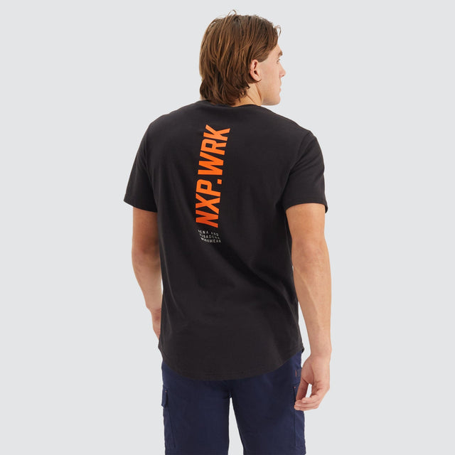Model Wears Blueprint Dual Curved T-Shirt Solid Black T-Shirts in Black - Image 2