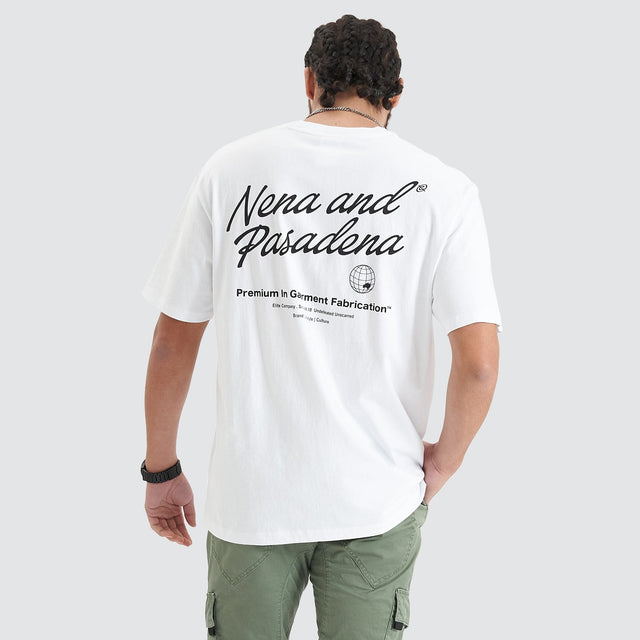 Model Wears Bouncer Heavy Box Fit Tee Optical White T-Shirts in White - Image 1
