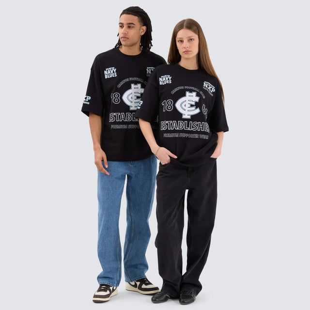 Model Wears Carlton Blues AFL Mega Loopback Tee Jet Black T-Shirts in Black - Image 4