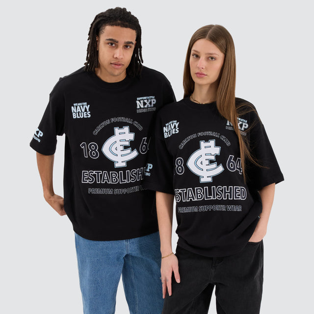 Model Wears Carlton Blues AFL Mega Loopback Tee Jet Black T-Shirts in Black - Image 3