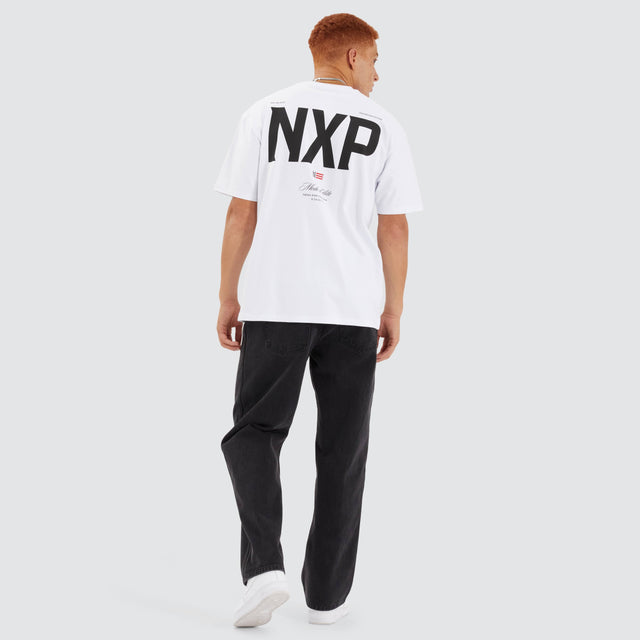 Model Wears Central Box Fit Tee Optical White T-Shirts in White - Image 5