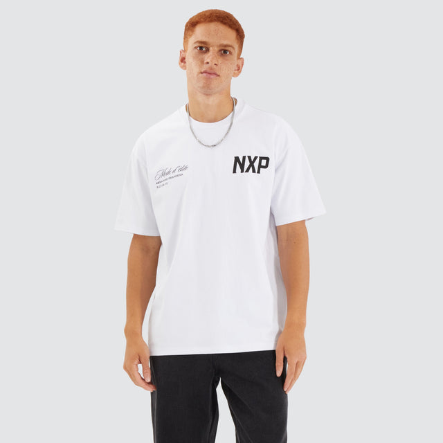 Model Wears Central Box Fit Tee Optical White T-Shirts in White - Image 2